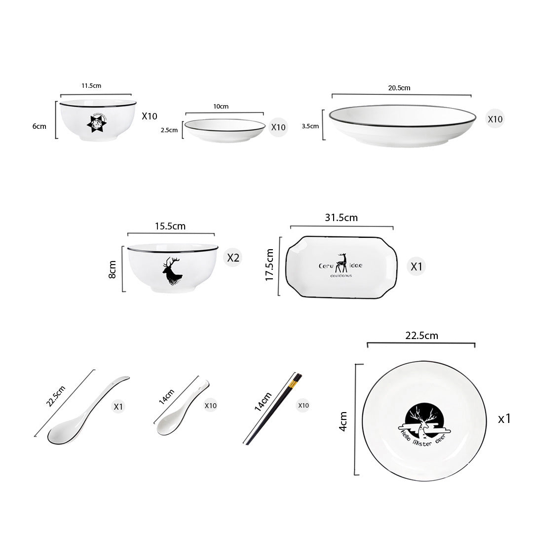White Antler Printed Ceramic Dinnerware Set of 34