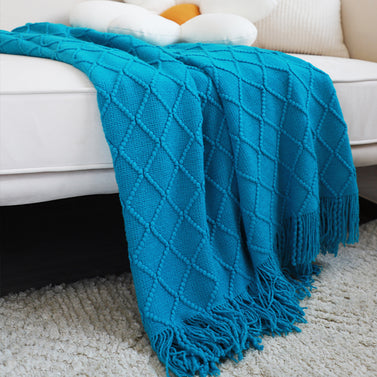 Blue Diamond Pattern Knitted Throw Blanket
