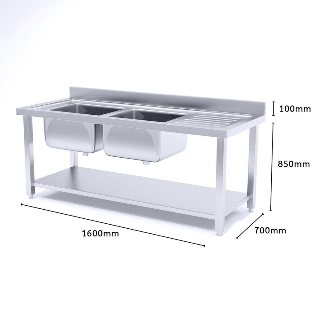 Commercial Stainless Steel Left Dual Sink Work Bench 160*70*85cm