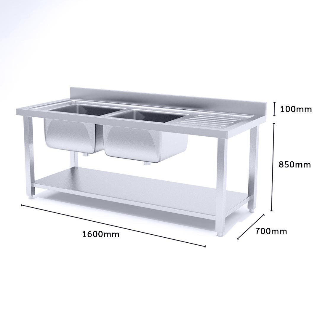 Commercial Stainless Steel Left Dual Sink Work Bench 160*70*85cm