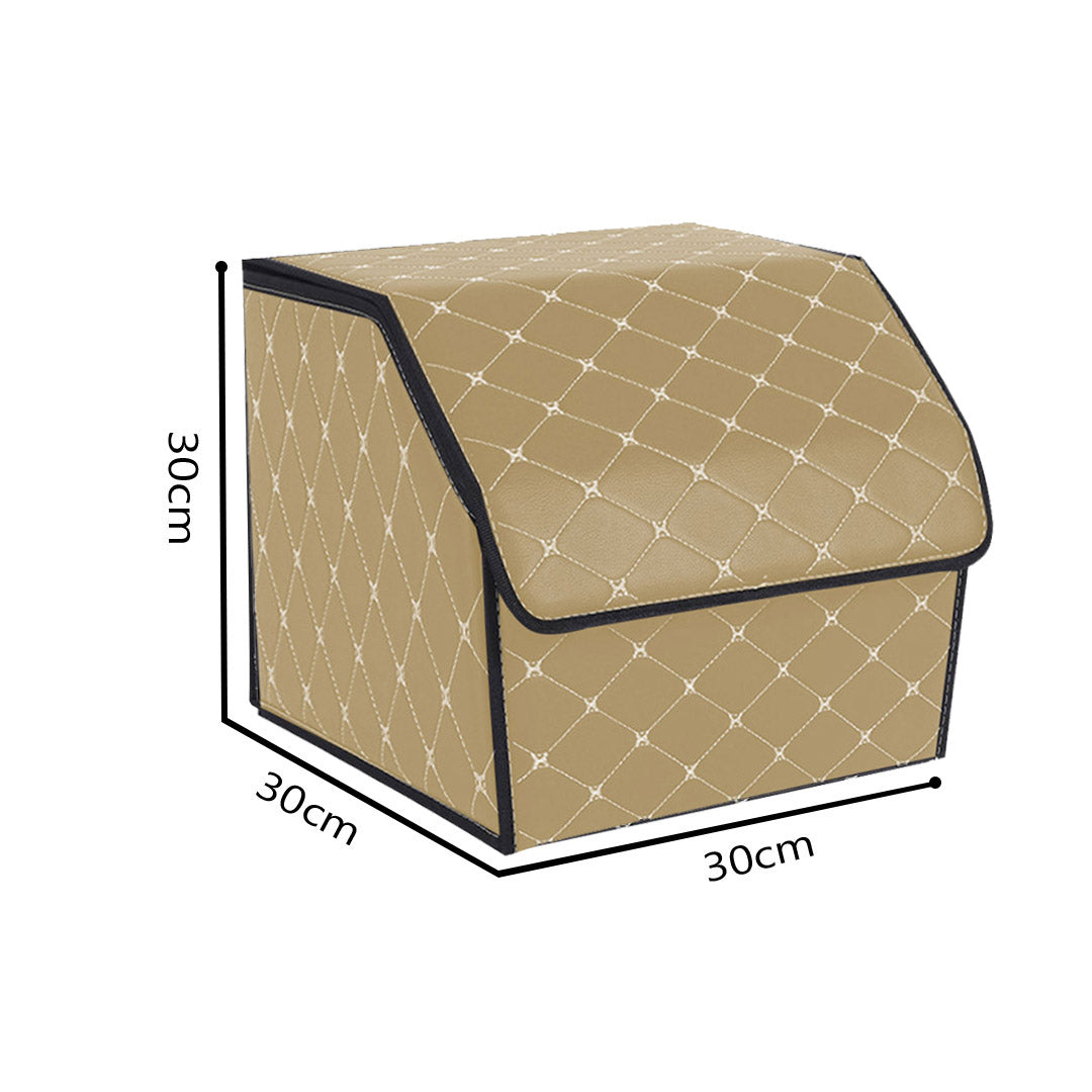 Leather Car Boot Foldable Trunk Cargo Organizer Box Beige/Gold Stitch Small