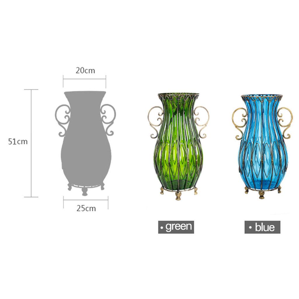 51cm Blue Glass Floor Vase with 12pcs Pink Artificial Flower Set
