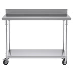 120cm Commercial Kitchen Stainless Steel Work Bench with Backsplash and Caster Wheels