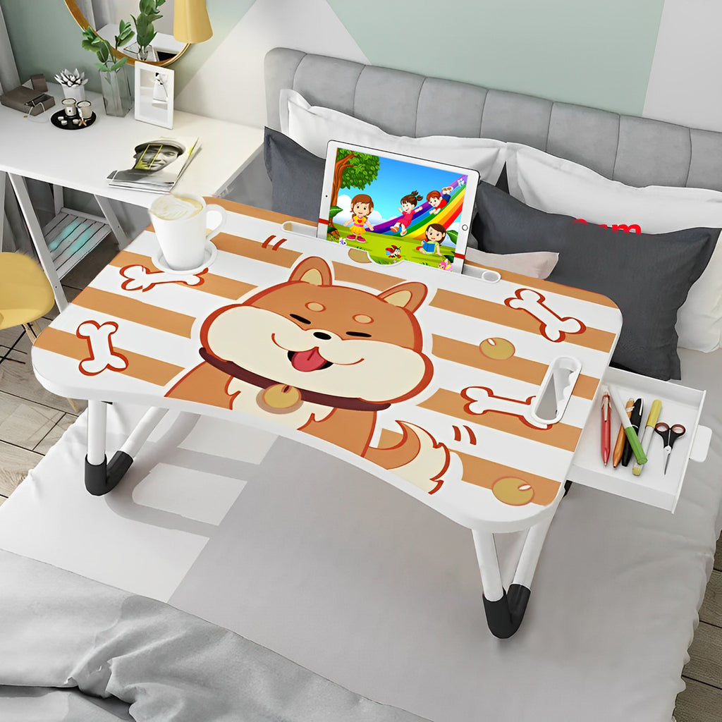Brown Cute Dog Design Foldable Study Bed Table Adjustable Portable Desk Stand With Notebook Holder And Cup Slot