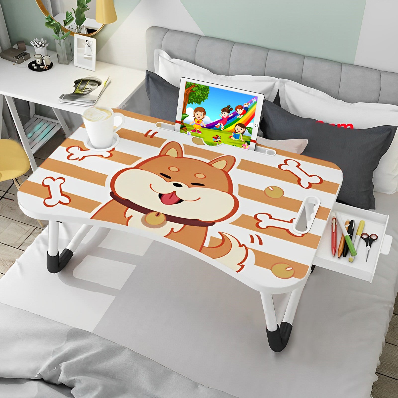 Brown Cute Dog Design Foldable Study Bed Table Adjustable Portable Desk Stand With Notebook Holder And Cup Slot