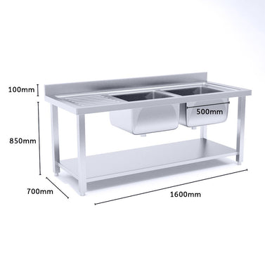 Commercial Stainless Steel Right Dual Sink Bench 160*70*85