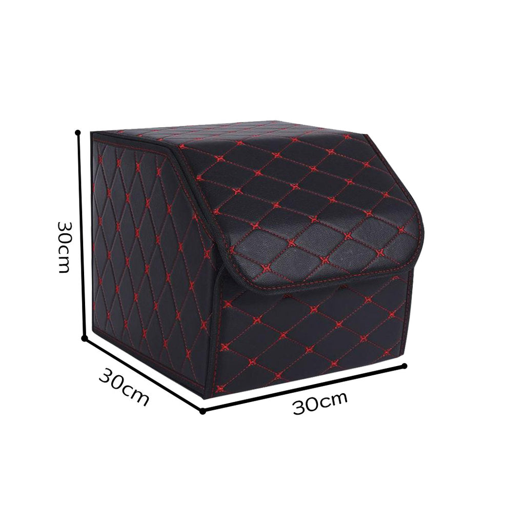 Leather Car Boot Foldable Trunk Cargo Organizer Box Black/Red Stitch Small