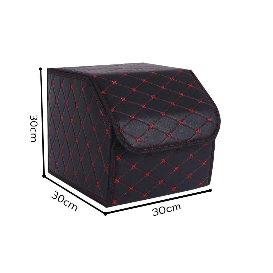 Leather Car Boot Foldable Trunk Cargo Organizer Box Black/Red Stitch Small