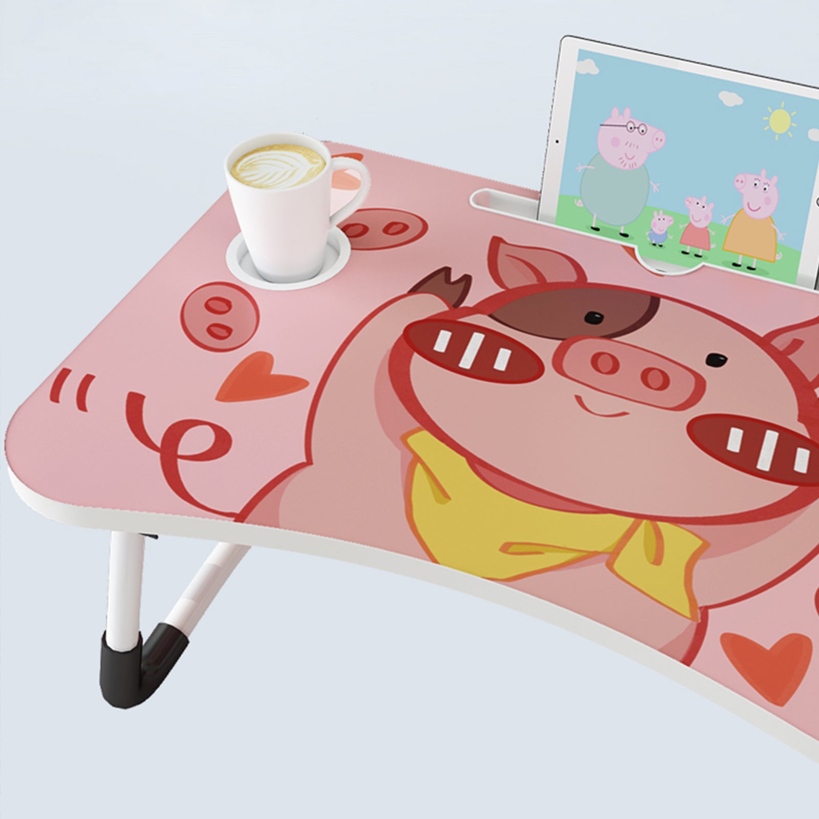 Pink Cute Pig Design Foldable Study Bed Table Adjustable Portable Desk Stand With Notebook Holder and Cup Slot