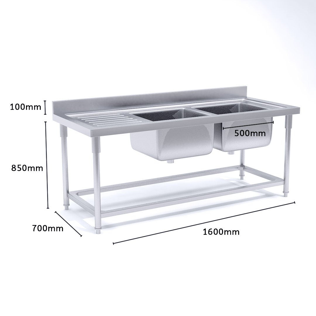 Commercial Stainless Steel Right Dual Sink Bench 160*70*85