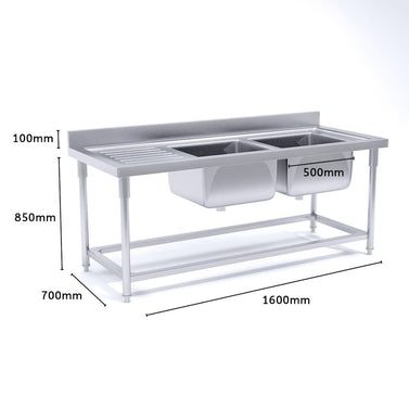 Commercial Stainless Steel Right Dual Sink Bench 160*70*85
