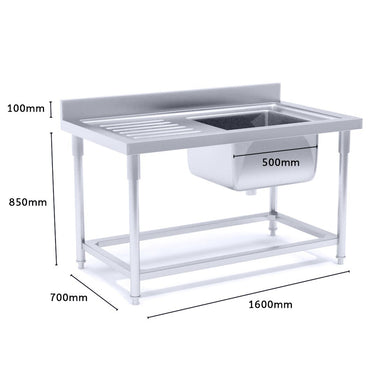 Commercial Stainless Steel Right Single Sink Work Bench 160*70*85