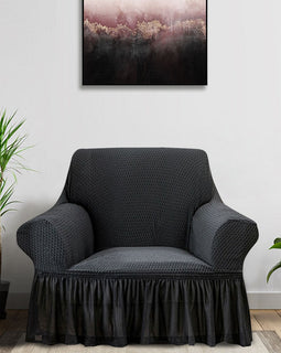 Dark Grey Colored 1- Seater Sofa Cover with Ruffled Skirt