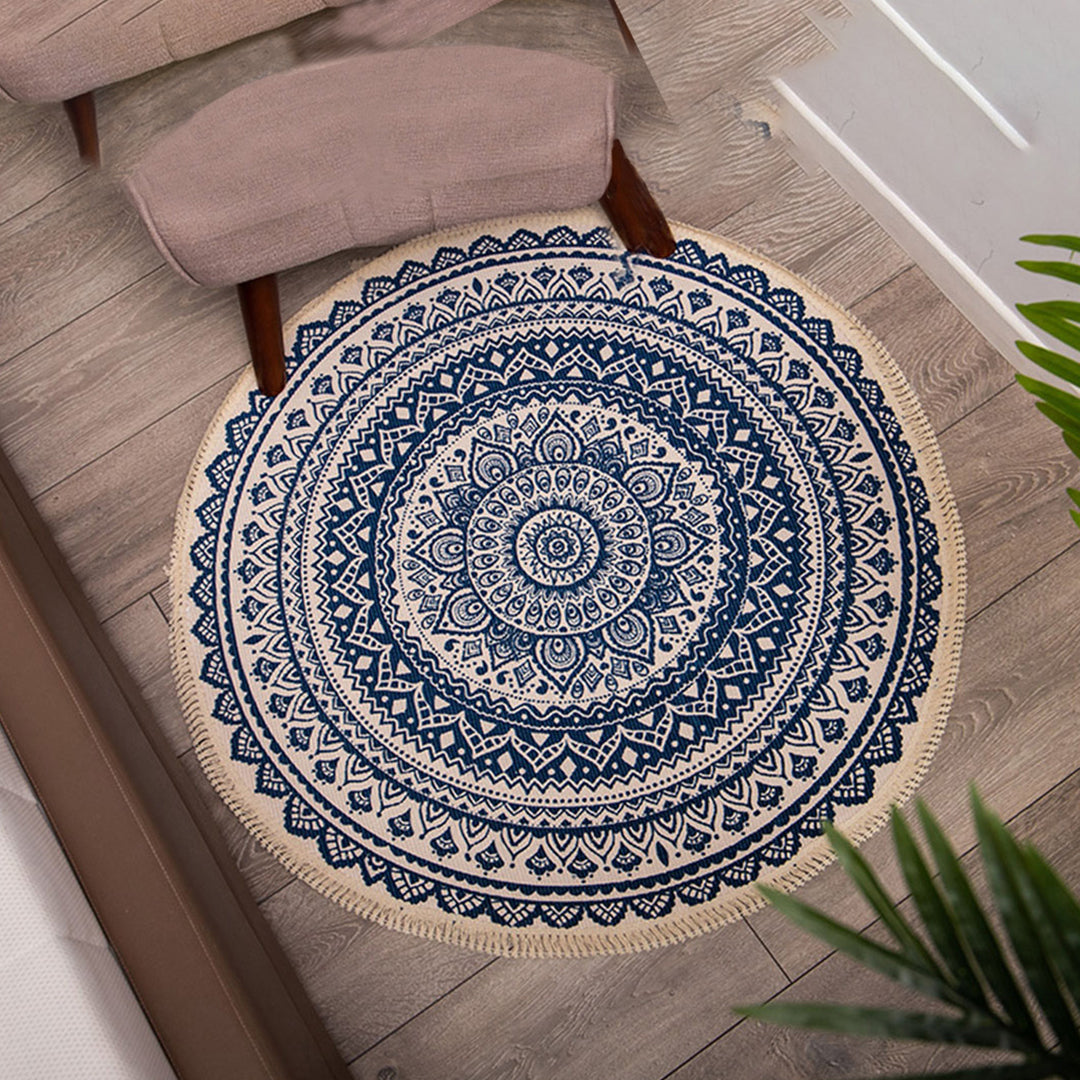 Dark Blue Carpet Soft Linen Bohemian Non-Slip Round Rug