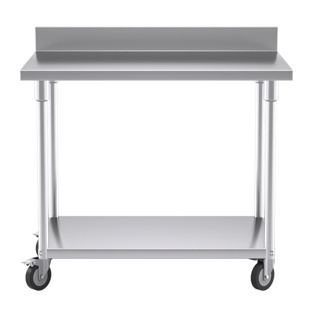 100cm Commercial Kitchen Stainless Steel Work Bench with Backsplash and Caster Wheels