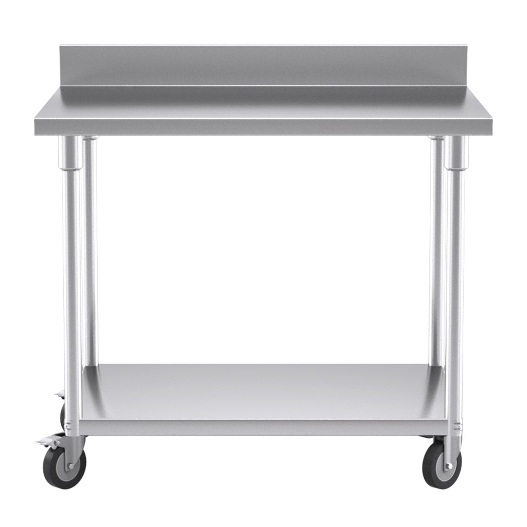 100cm Commercial Kitchen Stainless Steel Work Bench with Backsplash and Caster Wheels