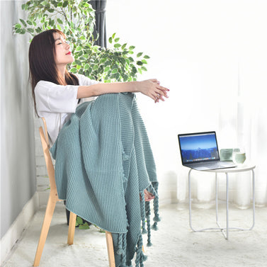 Green Tassel Fringe Knitted Throw Blanket