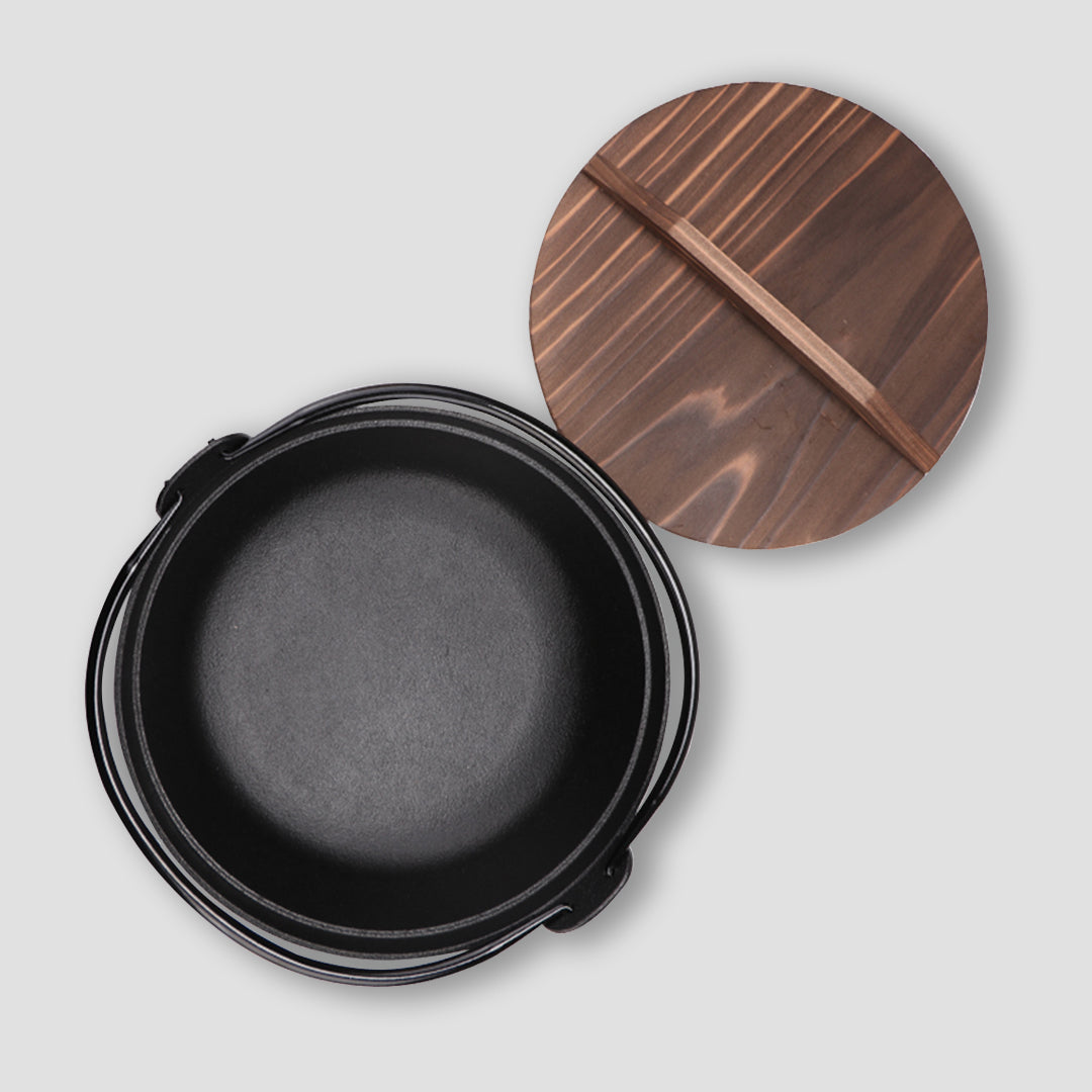 29cm Cast Iron Sukiyaki Hot Pot with Wooden Lid