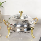 Stainless Steel Gold Accents Round Chafing Dish with Glass Top Lid
