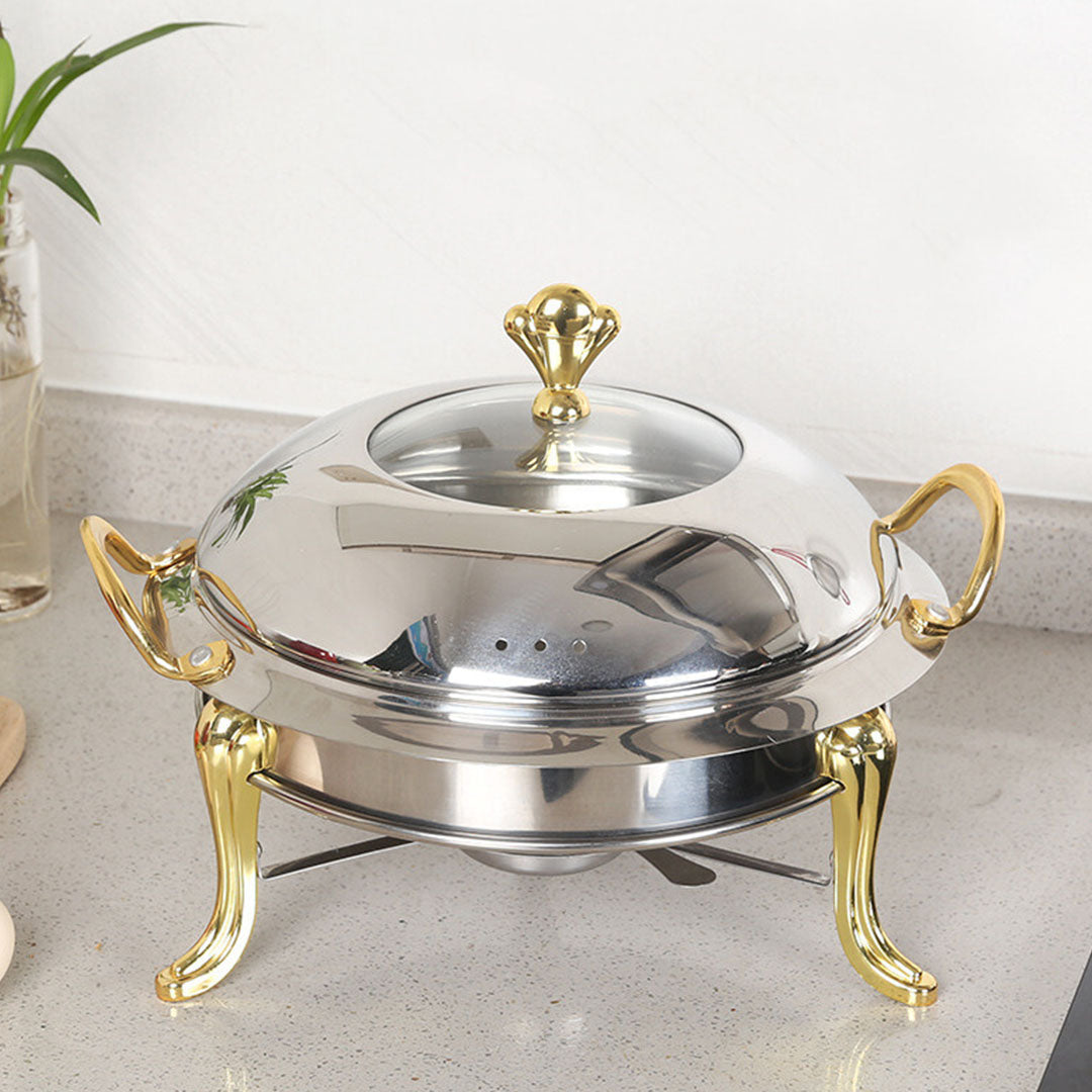Stainless Steel Gold Accents Round Chafing Dish with Glass Top Lid