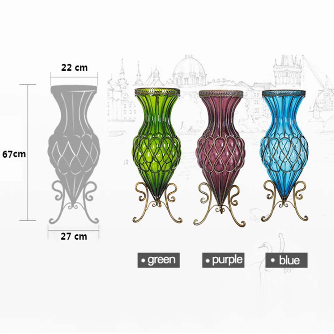 67cm Purple Glass Floor Vase with Metal Stand