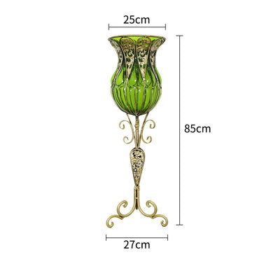 85cm Green Glass Floor Vase and 12pcs Dark Pink Artificial Flower Set