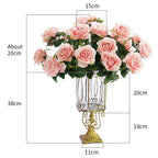 Clear Glass Cylinder Flower Vase with 4 Bunch 9 Heads Artificial Silk Set