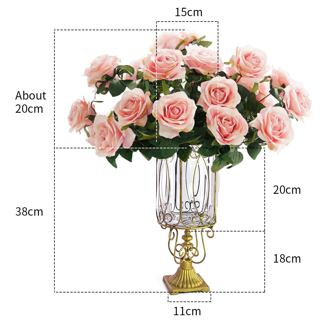 Clear Glass Cylinder Flower Vase with 4 Bunch 9 Heads Artificial Silk Set