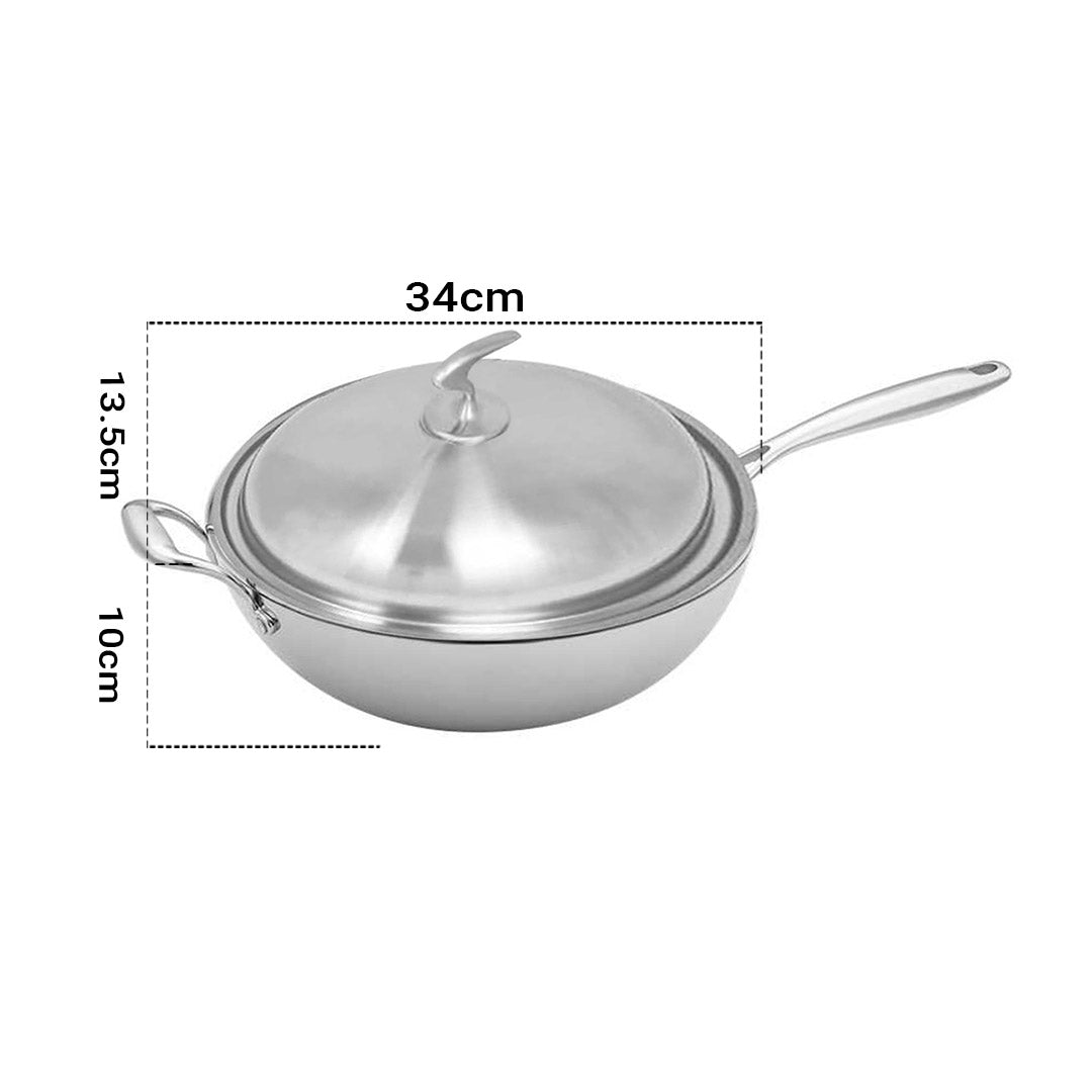 18/10 Stainless Steel 34cm Frying Pan Textured Non Stick Interior with Helper Handle and Lid