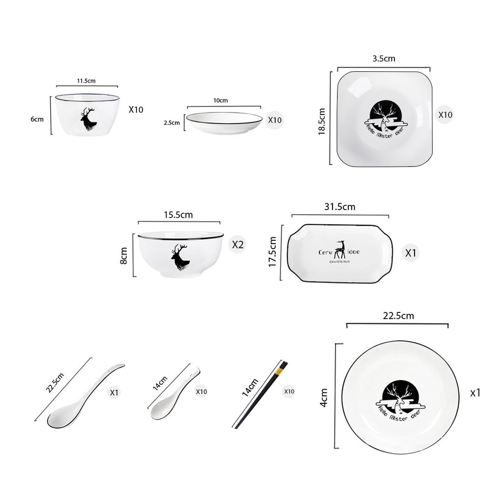 White Antler Printed Ceramic Dinnerware Set of 34