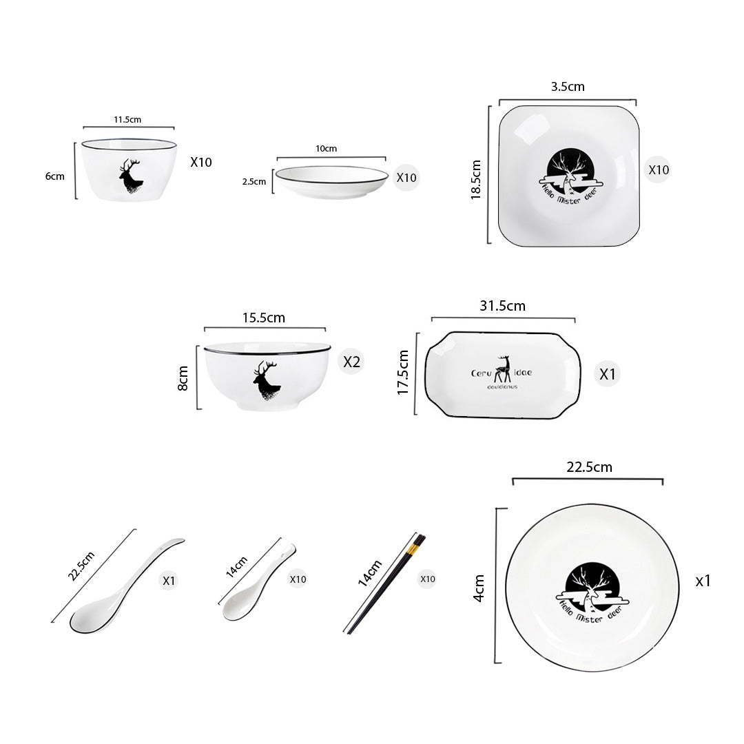 White Antler Printed Ceramic Dinnerware Set of 34