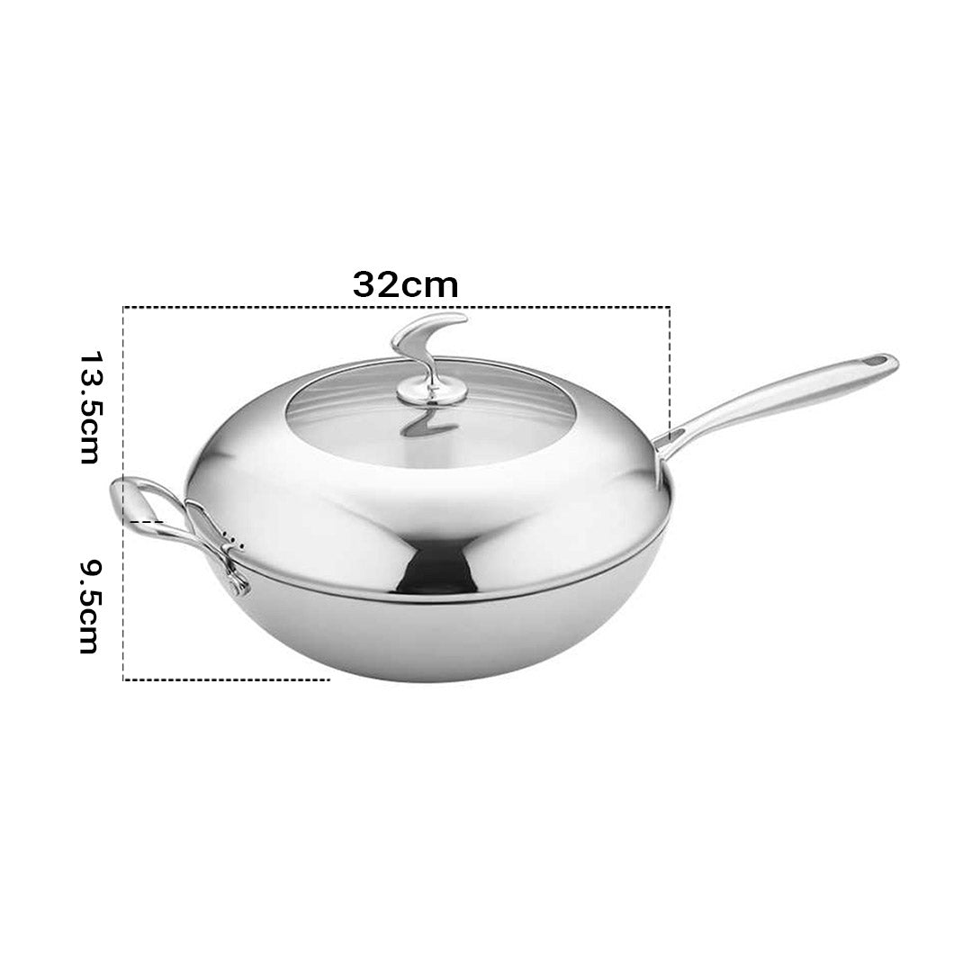 18/10 Stainless Steel 32cm Frying Pan Non Stick Interior with Helper Handle and Lid