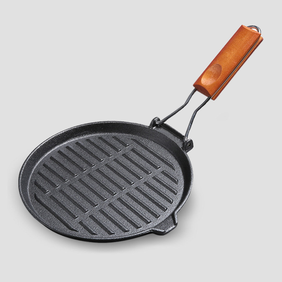 24cm Round Ribbed Cast Iron Skillet Pan with Folding Wooden Handle