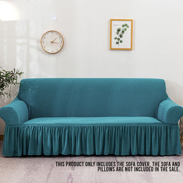 Blue Colored 4- Seater Sofa Cover with Ruffled Skirt