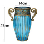 Blue Glass Flower Vase with 8 Bunch 5 Heads Artificial Silk Rose Set