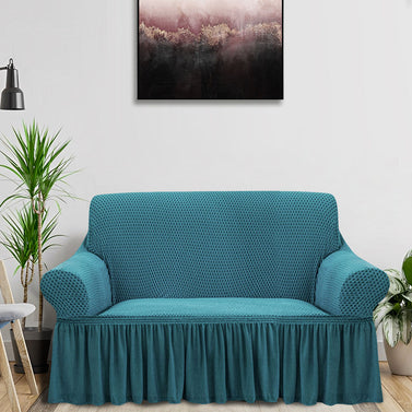 Blue Colored 2- Seater Sofa Cover with Ruffled Skirt