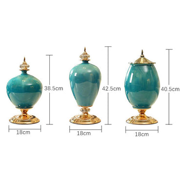 3x Ceramic Vase with Blue Flower Set Green