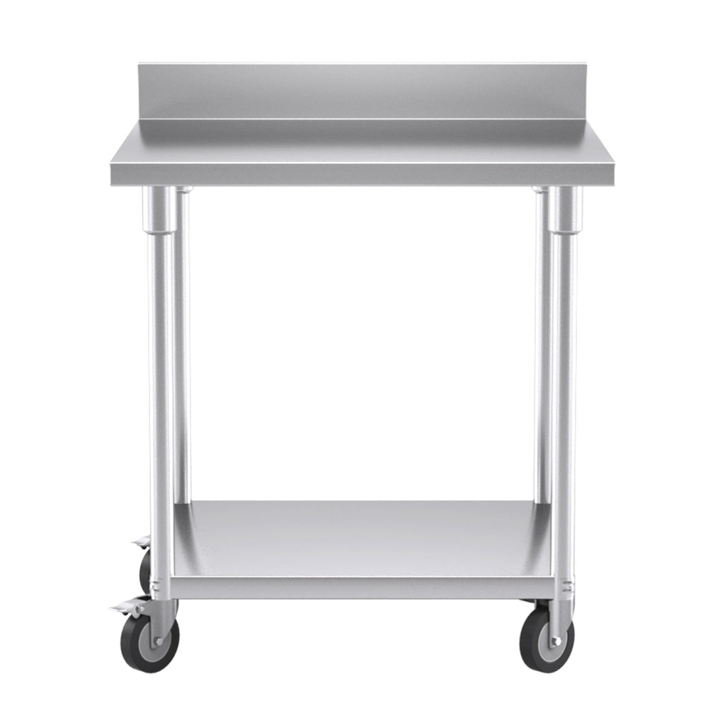 80cm Commercial Kitchen Stainless Steel Work Bench with Backsplash and Caster Wheels