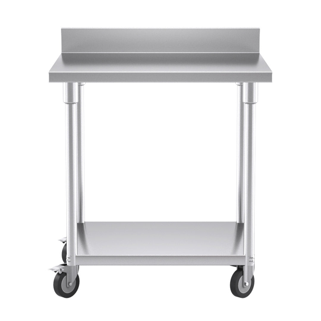 80cm Commercial Kitchen Stainless Steel Work Bench with Backsplash and Caster Wheels