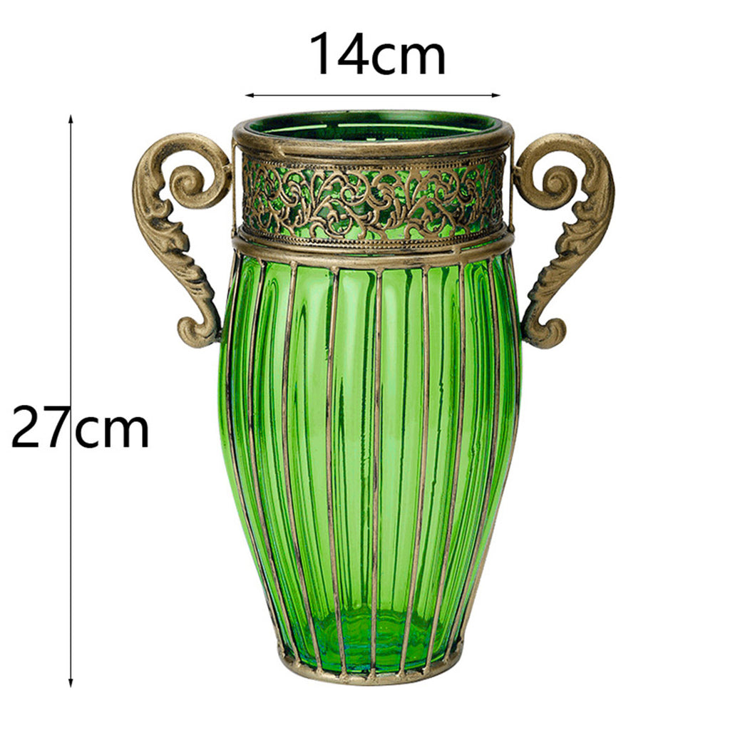 Green Glass Flower Vase with 8 Bunch 5 Heads Artificial Silk Rose Set