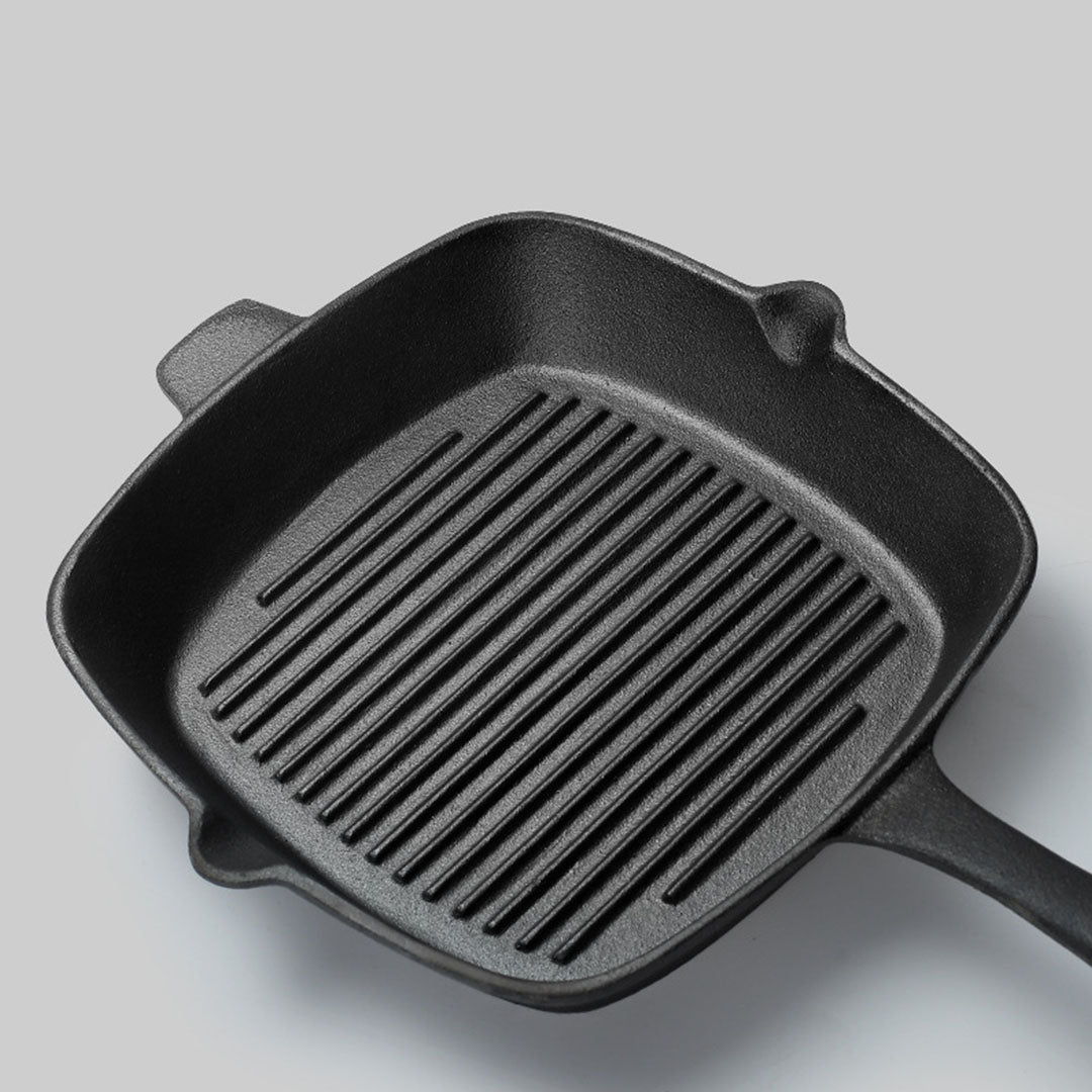 26cm Square Ribbed Cast Iron Frying Pan with Handle