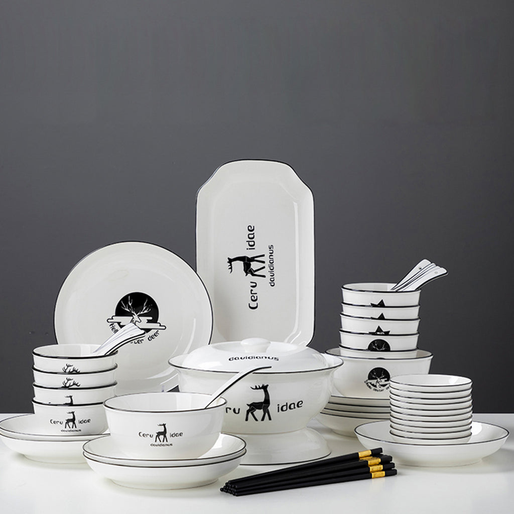 White Antler Printed Ceramic Dinnerware Set of 34