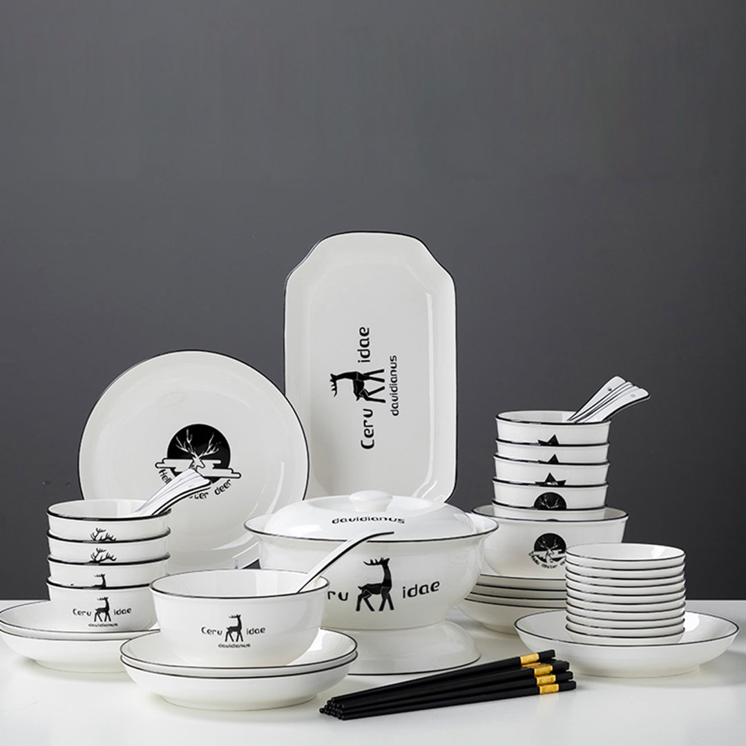White Antler Printed Ceramic Dinnerware Set of 34
