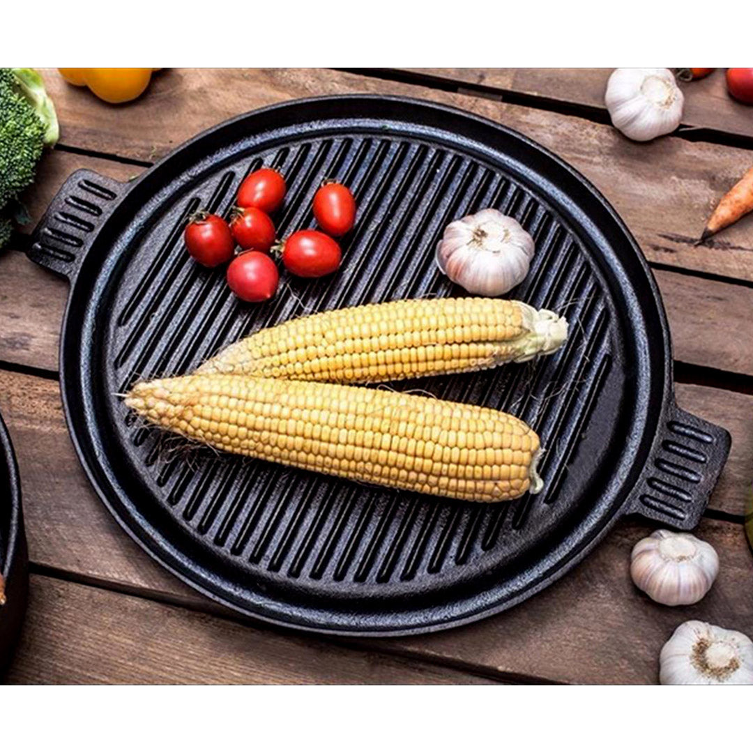 SOGA 43cm Round Ribbed Cast Iron Frying Pan with Handle