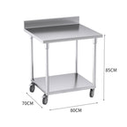 80cm Commercial Kitchen Stainless Steel Work Bench with Backsplash and Caster Wheels