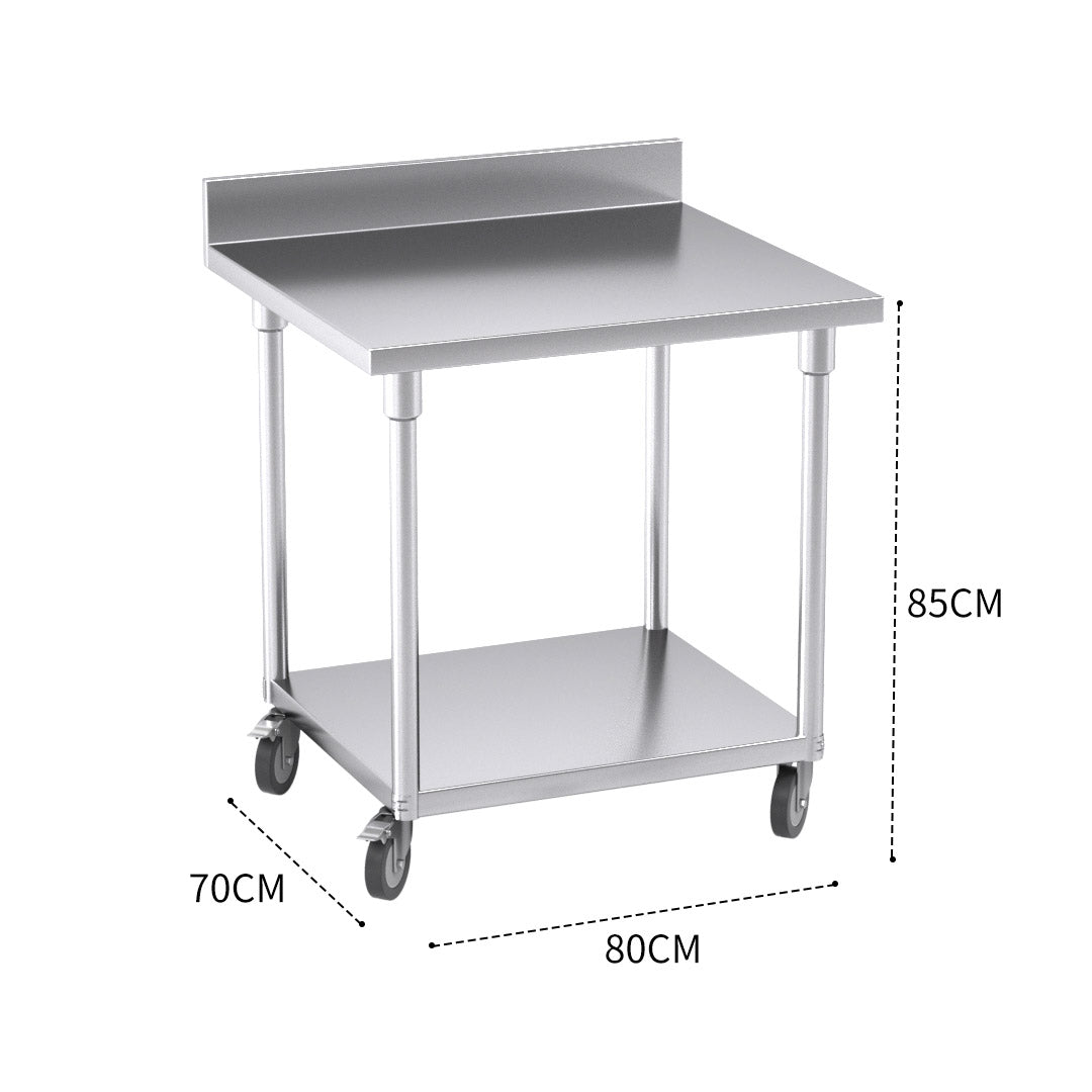 80cm Commercial Kitchen Stainless Steel Work Bench with Backsplash and Caster Wheels