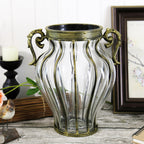 Clear European Glass Flower Vase with Two Metal Handle