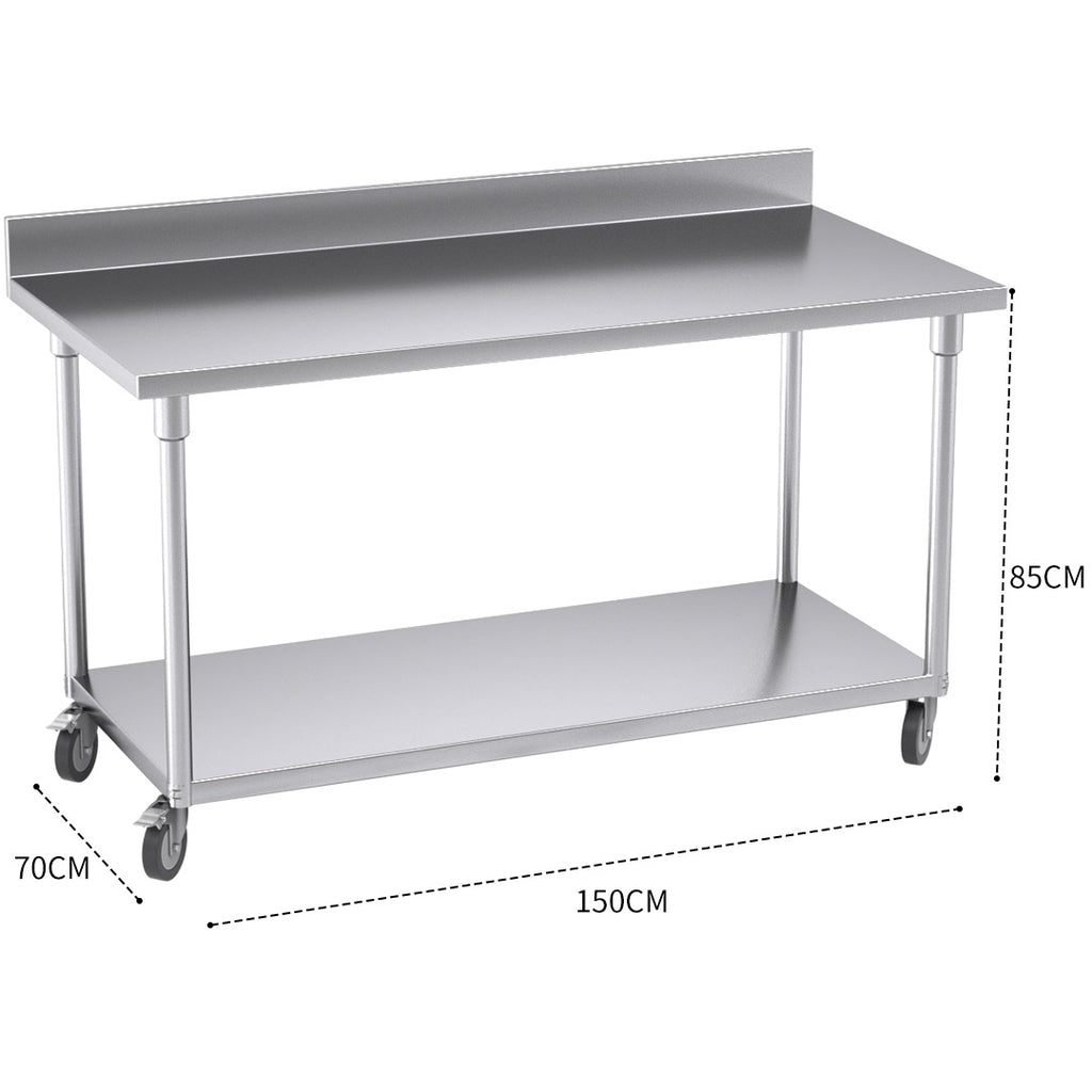 150cm Commercial Kitchen Stainless Steel Work Bench with Backsplash and Caster Wheels