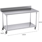 150cm Commercial Kitchen Stainless Steel Work Bench with Backsplash and Caster Wheels