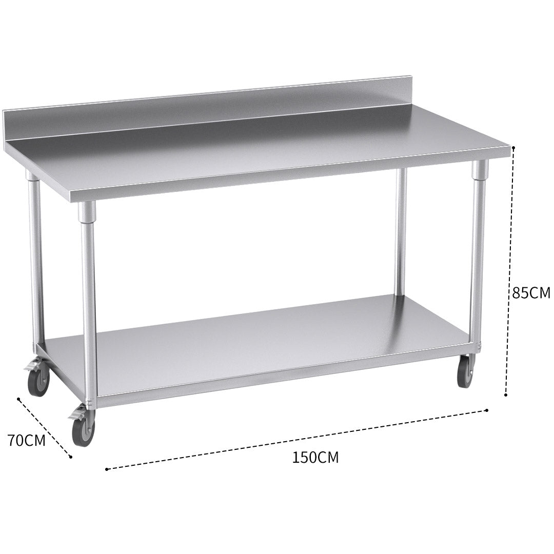 150cm Commercial Kitchen Stainless Steel Work Bench with Backsplash and Caster Wheels